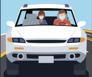 illustration of two people sitting in a car wearing masks