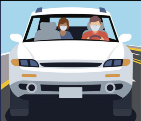illustration of two people sitting in a car wearing masks